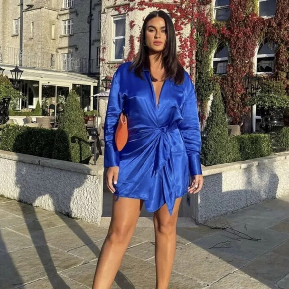 Zara "NEW" Blue Long Sleeve V-Neck Satiny Self Tie Wrap Mini Dress Size Small - Picture 1 of 10